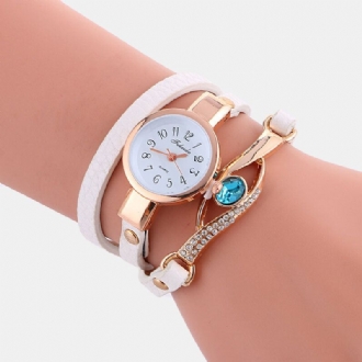 Retro Pu-rem Rhinestone Flerlager Damklocka Metallblå Kristall Justerbar Armbandsur Quartz Watch