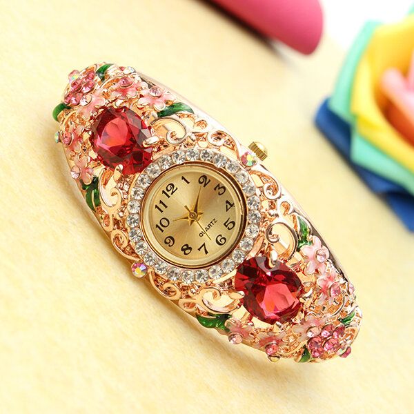 Retro Stil Damarmbandsklocka Flower Diamond Quartz Watch