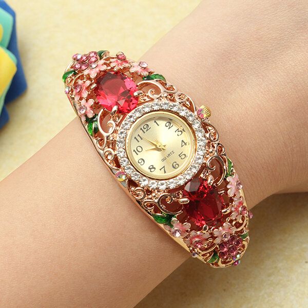 Retro Stil Damarmbandsklocka Flower Diamond Quartz Watch