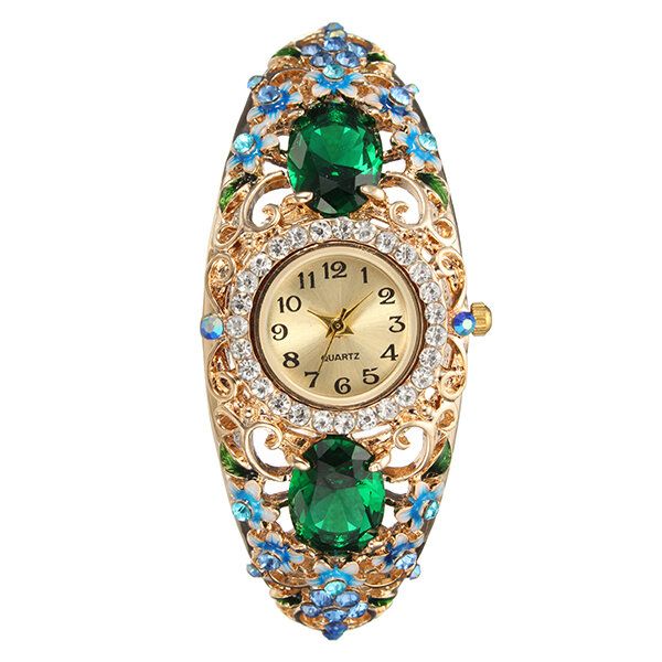 Retro Stil Damarmbandsklocka Flower Diamond Quartz Watch