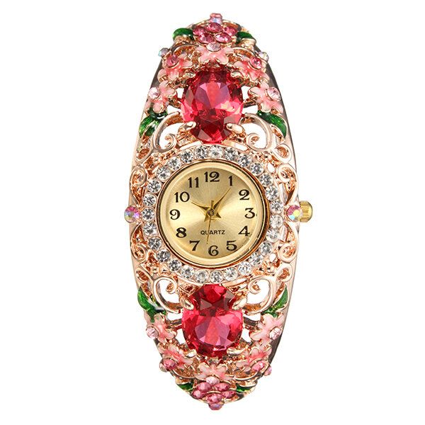 Retro Stil Damarmbandsklocka Flower Diamond Quartz Watch