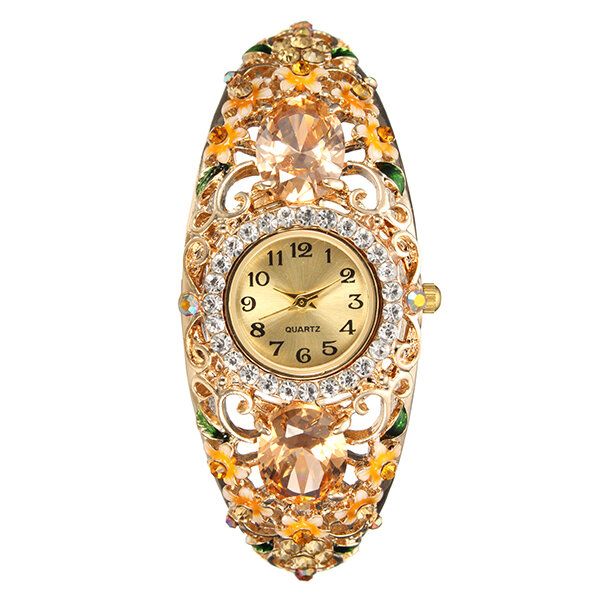 Retro Stil Damarmbandsklocka Flower Diamond Quartz Watch