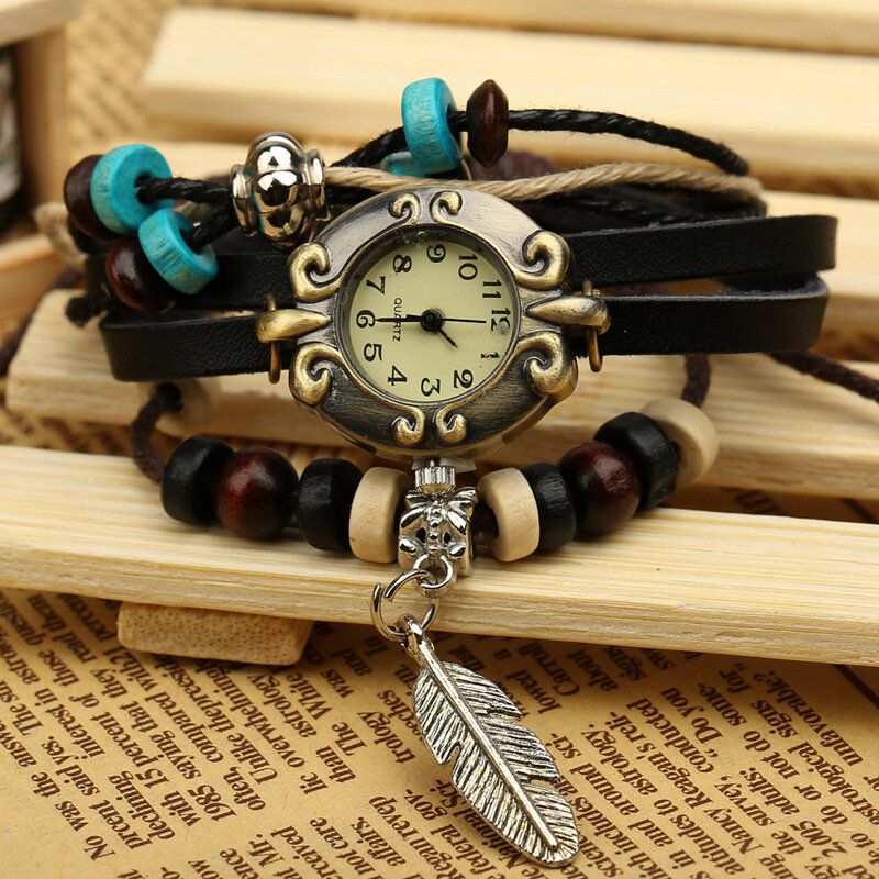 Retrostil Vintage Kohud Flerlagers Quartz Watch Weave Feather Pendant Läderarmbandsklocka