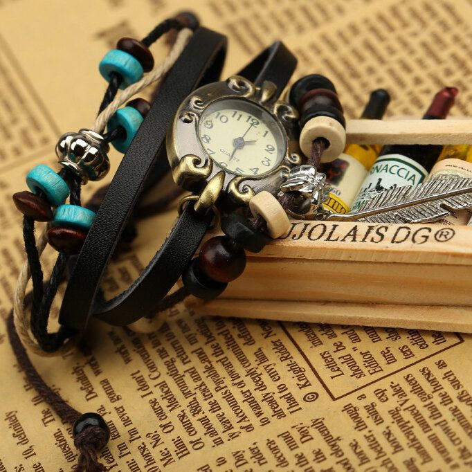 Retrostil Vintage Kohud Flerlagers Quartz Watch Weave Feather Pendant Läderarmbandsklocka