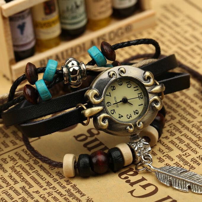 Retrostil Vintage Kohud Flerlagers Quartz Watch Weave Feather Pendant Läderarmbandsklocka