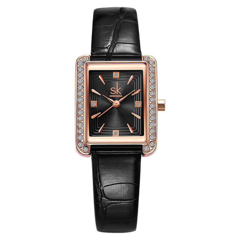 Rhinestone Dekoration Rektangulär Urtavla Pu Läder/ Stål Mesh Armband 3atm Dam Quartz Watch