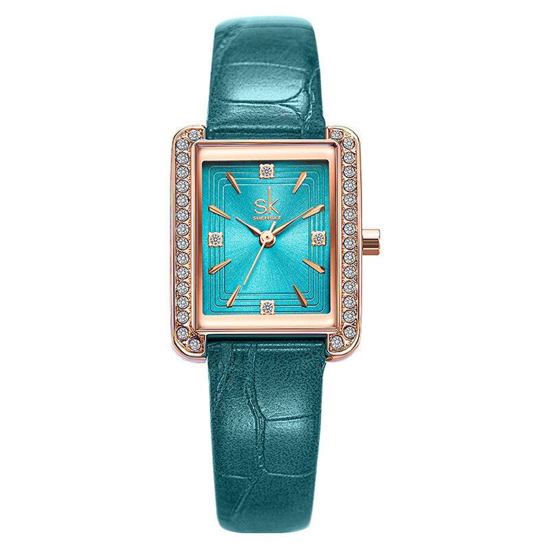 Rhinestone Dekoration Rektangulär Urtavla Pu Läder/ Stål Mesh Armband 3atm Dam Quartz Watch