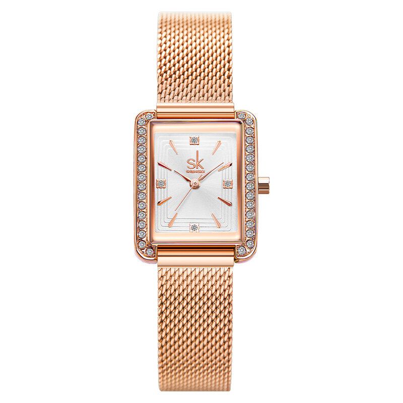 Rhinestone Dekoration Rektangulär Urtavla Pu Läder/ Stål Mesh Armband 3atm Dam Quartz Watch