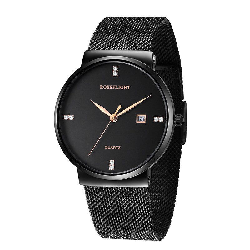 Roseflight Business Casual Män Rostfritt Stålband Data Display Vattentät Quartz Watch