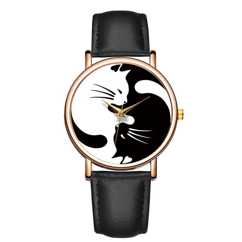 Söt Stil Ultratunn Damarmbandsur Cat Design Läderrem Quartz Watch