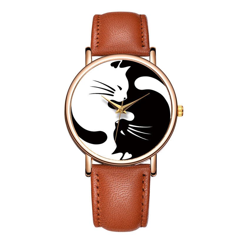 Söt Stil Ultratunn Damarmbandsur Cat Design Läderrem Quartz Watch