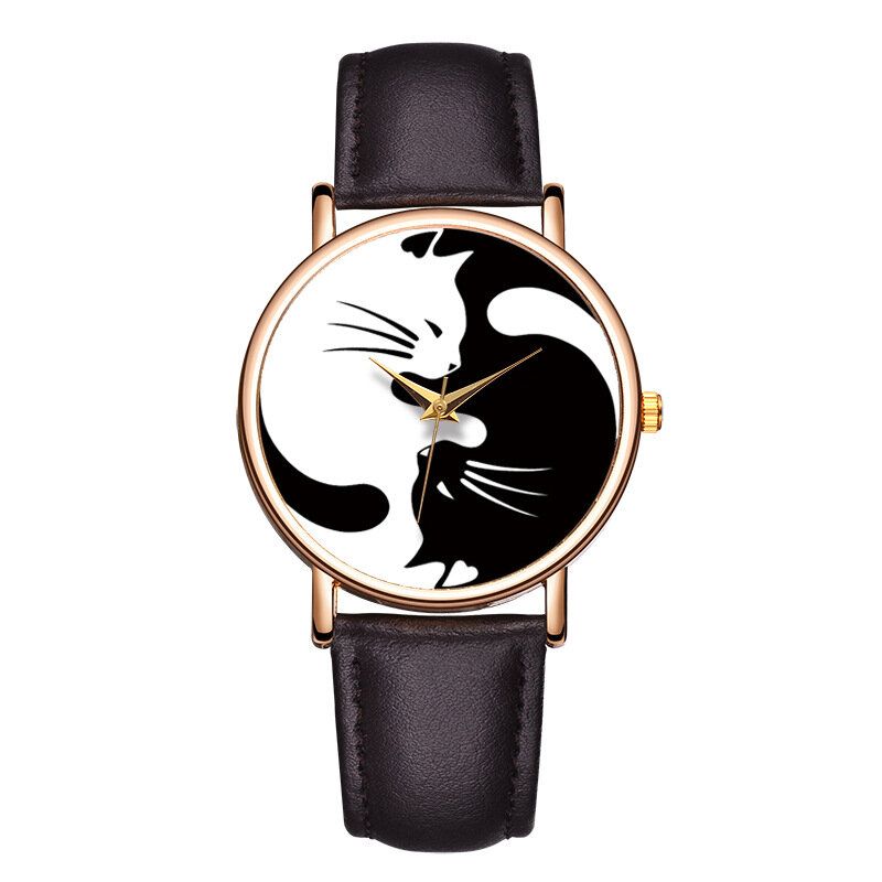 Söt Stil Ultratunn Damarmbandsur Cat Design Läderrem Quartz Watch