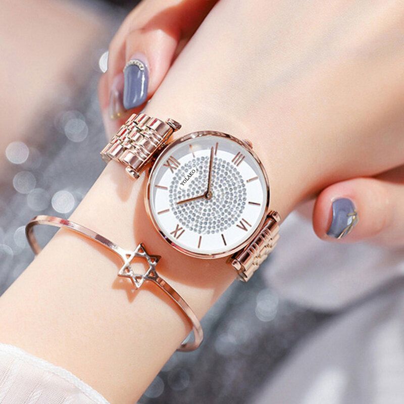 Trendiga Eleganta Damklockor Hellegerade Romerska Siffror Rhinestones Mount Dial Quartz-klockor