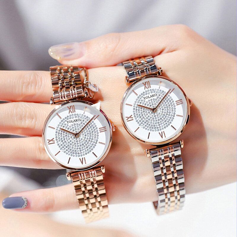 Trendiga Eleganta Damklockor Hellegerade Romerska Siffror Rhinestones Mount Dial Quartz-klockor