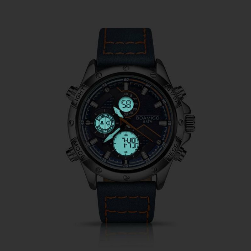 Två Tidszoner Dual Display Watch Led Light Chronograph Alarm Herr Quartz Watches