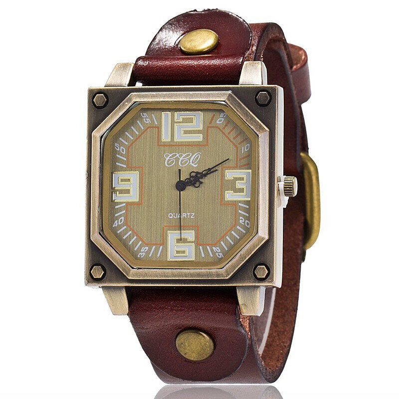 Vintage Casual Square Urtavla Justerbar Octagon Läderrem Herr Quartz Watch Armbandsur