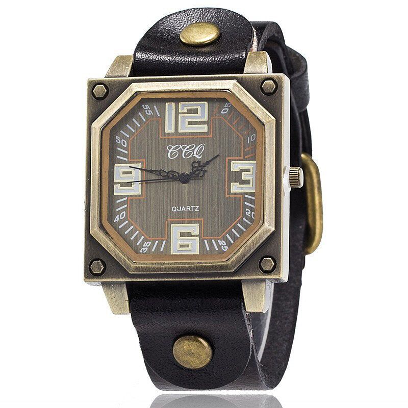 Vintage Casual Square Urtavla Justerbar Octagon Läderrem Herr Quartz Watch Armbandsur