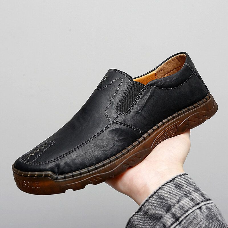 Kohud För Män Andas Handsömmar Mjuk Sula Korta Slip On Casual Skor