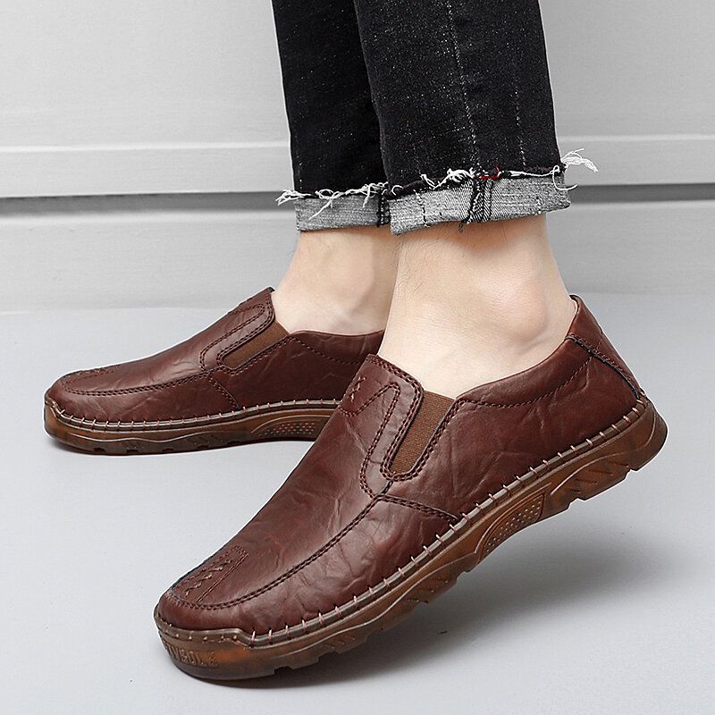 Kohud För Män Andas Handsömmar Mjuk Sula Korta Slip On Casual Skor