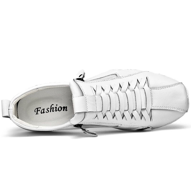 Män Äkta Läder Andas Mjuk Sula Brief Pure Color Zipper Casual Shoes