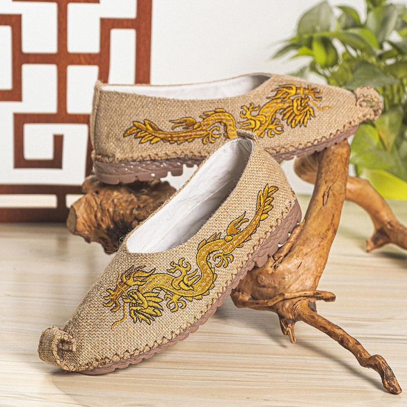 Män Andas Halkfri Gammal Peking Dragon Broderi Bekväma Casual Linneskor