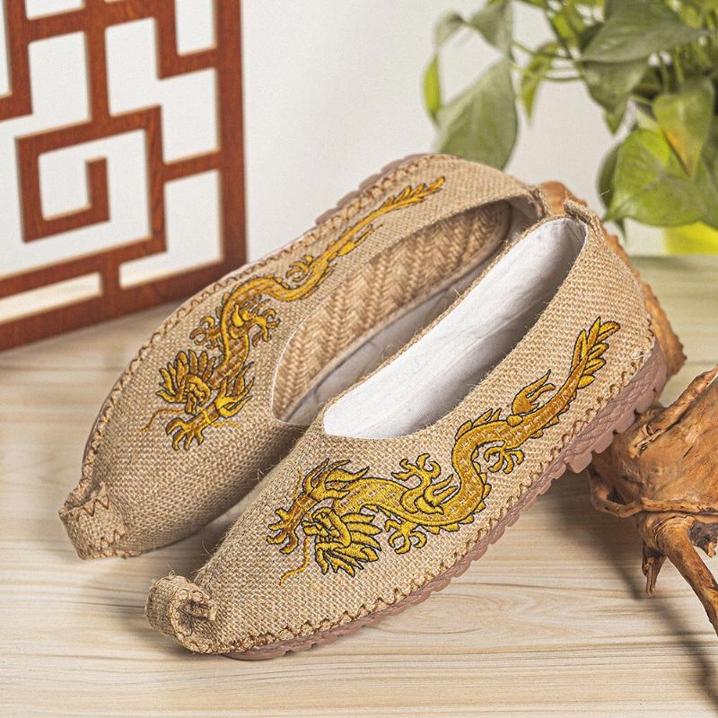 Män Andas Halkfri Gammal Peking Dragon Broderi Bekväma Casual Linneskor