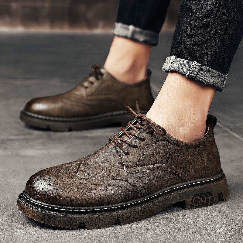 Män Bekväm Rund Tå Snörning Oxfords Brogue Casual Skor