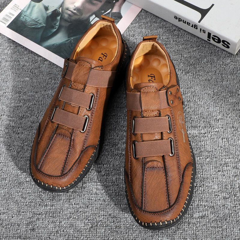 Män Comfy Halkbeständigt Elastiskt Band Slip-on Handstickning Läderskor