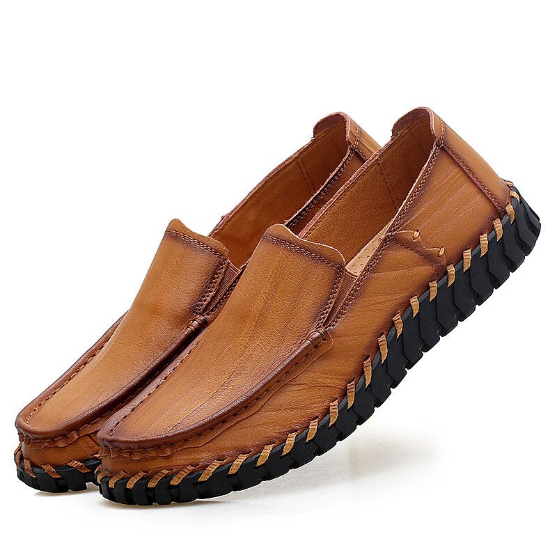 Män Kohud Läder Ihåligt Andas Handsömmar Mjuk Sula Slip On Casual Skor