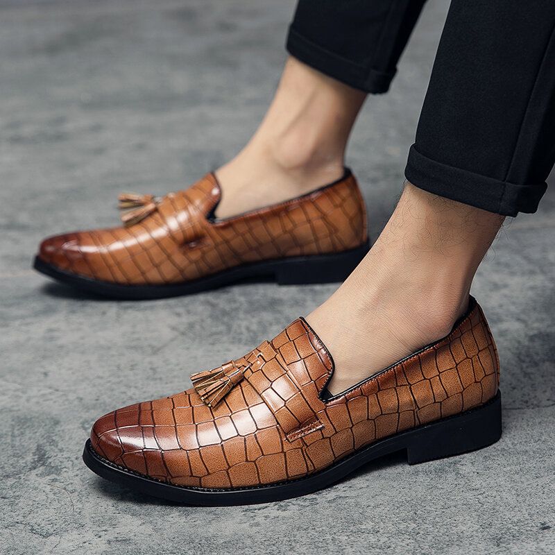 Män Läder Andas Mjuk Sula Retro Crocodile Grain Slip On Casual Skor