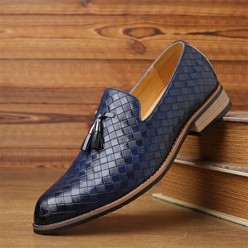 Män Läder Andas Vintage Weave Tofs Spetsig Tå Slip On Bekväma Casual Business Skor