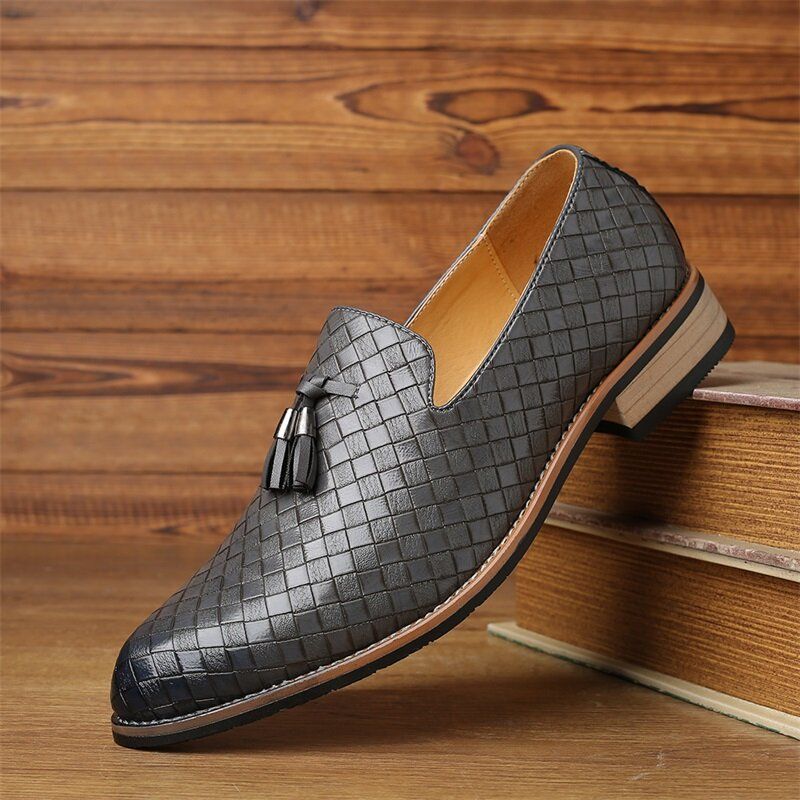 Män Läder Andas Vintage Weave Tofs Spetsig Tå Slip On Bekväma Casual Business Skor