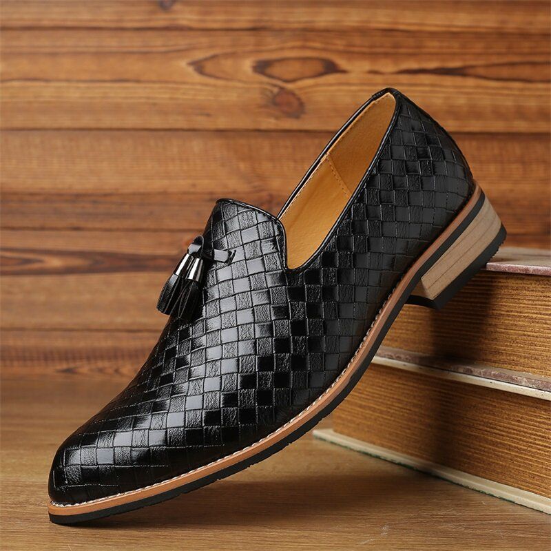 Män Läder Andas Vintage Weave Tofs Spetsig Tå Slip On Bekväma Casual Business Skor