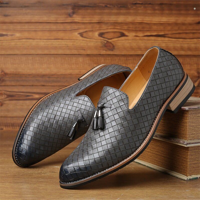 Män Läder Andas Vintage Weave Tofs Spetsig Tå Slip On Bekväma Casual Business Skor