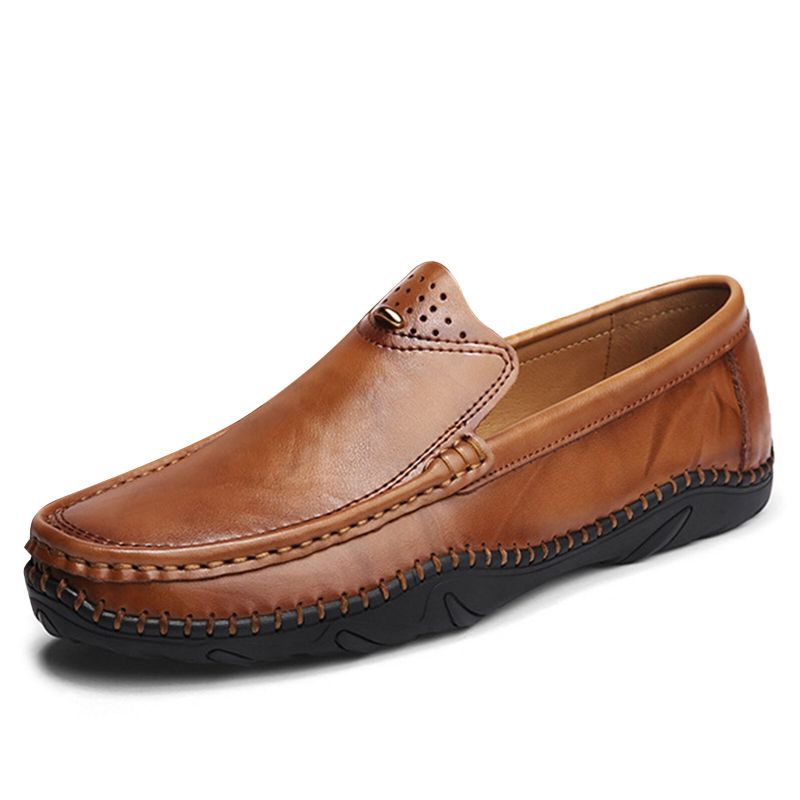 Män Retro Äkta Läder Slip On Stitching Företag Arbeta Casual Driving Loafers Skor