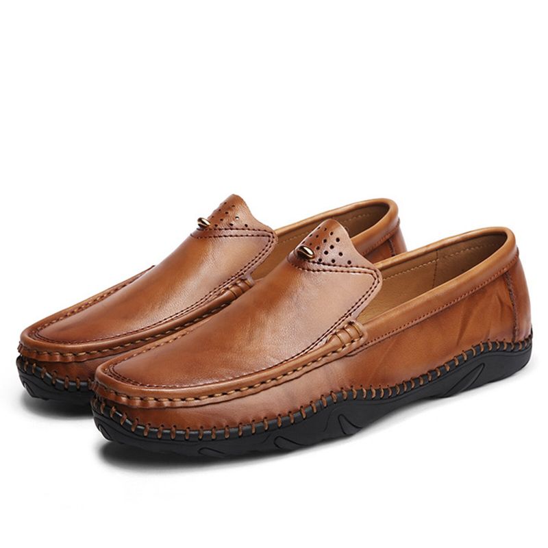 Män Retro Äkta Läder Slip On Stitching Företag Arbeta Casual Driving Loafers Skor