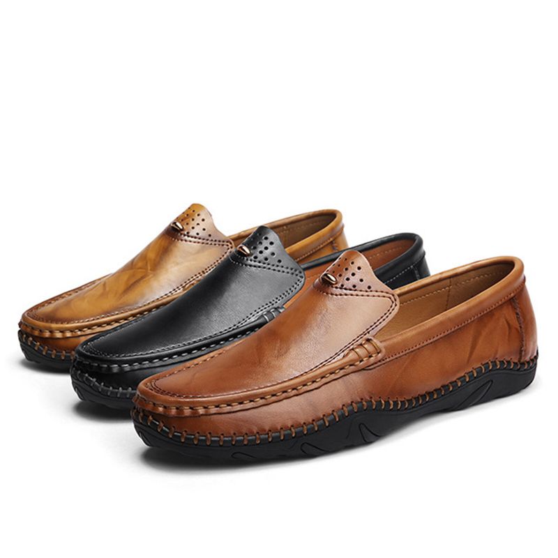 Män Retro Äkta Läder Slip On Stitching Företag Arbeta Casual Driving Loafers Skor