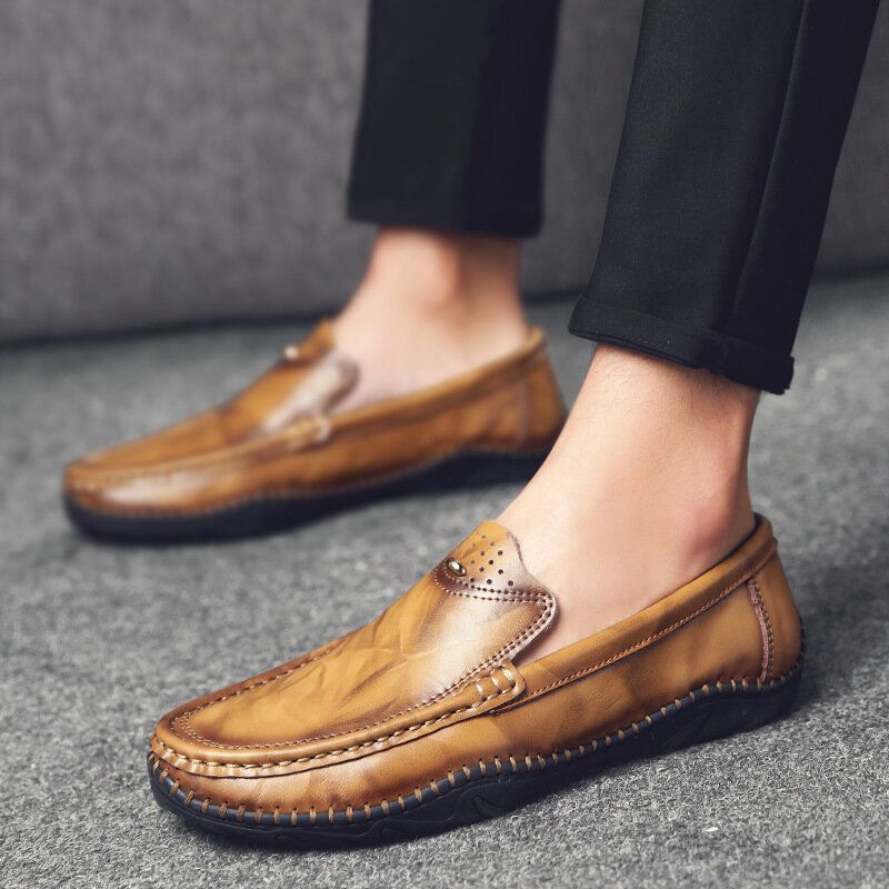 Män Retro Äkta Läder Slip On Stitching Företag Arbeta Casual Driving Loafers Skor