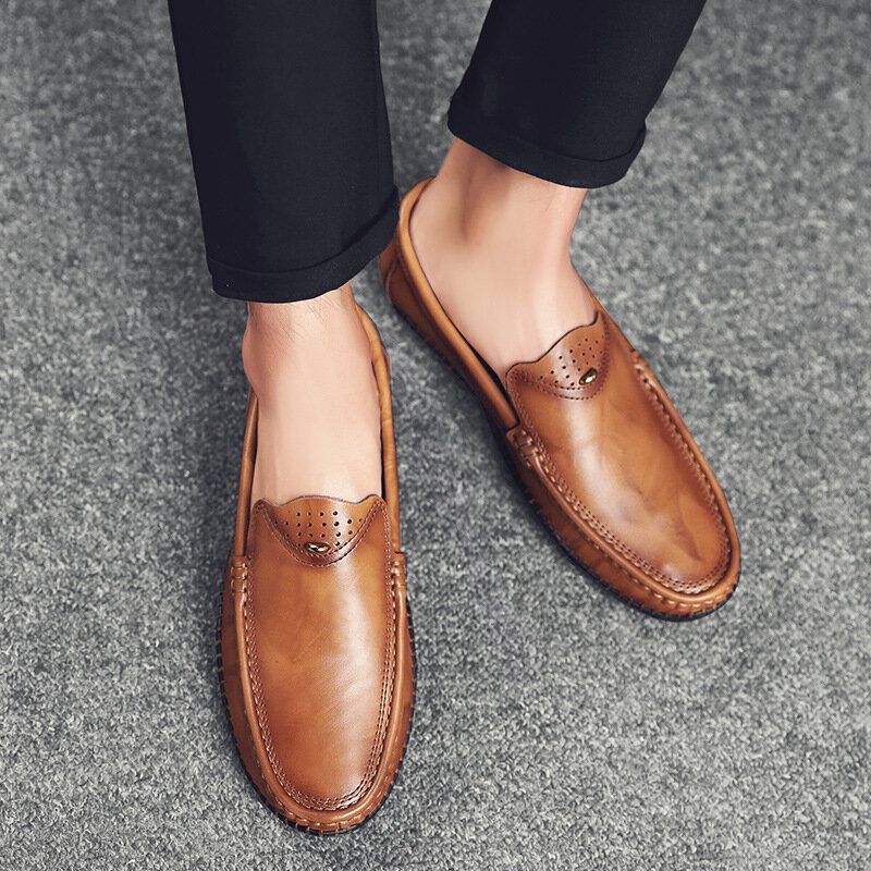 Män Retro Äkta Läder Slip On Stitching Företag Arbeta Casual Driving Loafers Skor