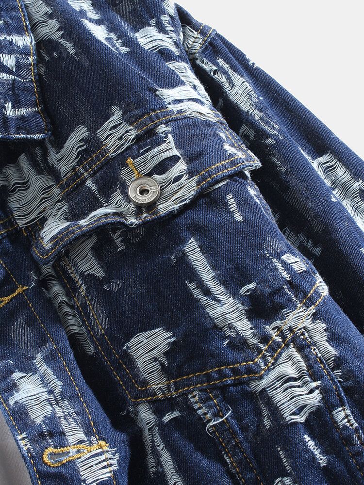 Herr Allover Scratch Ripped Designer Casual Lapel Jeansjacka