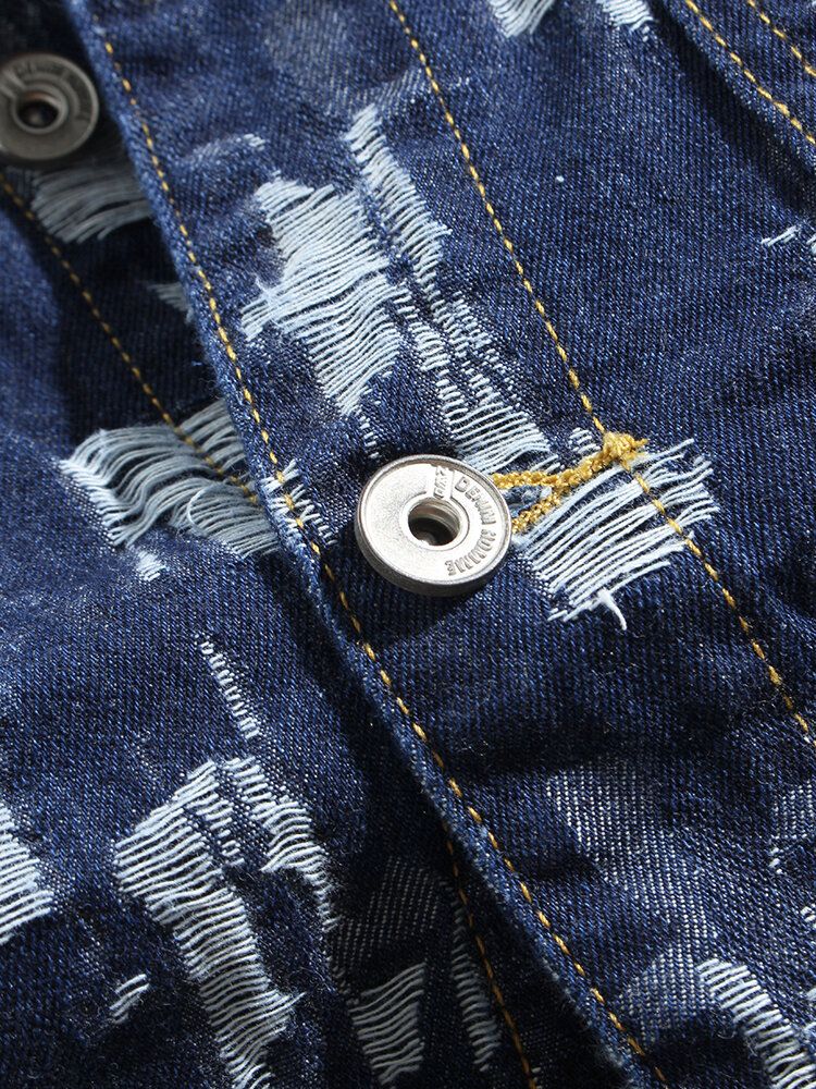 Herr Allover Scratch Ripped Designer Casual Lapel Jeansjacka