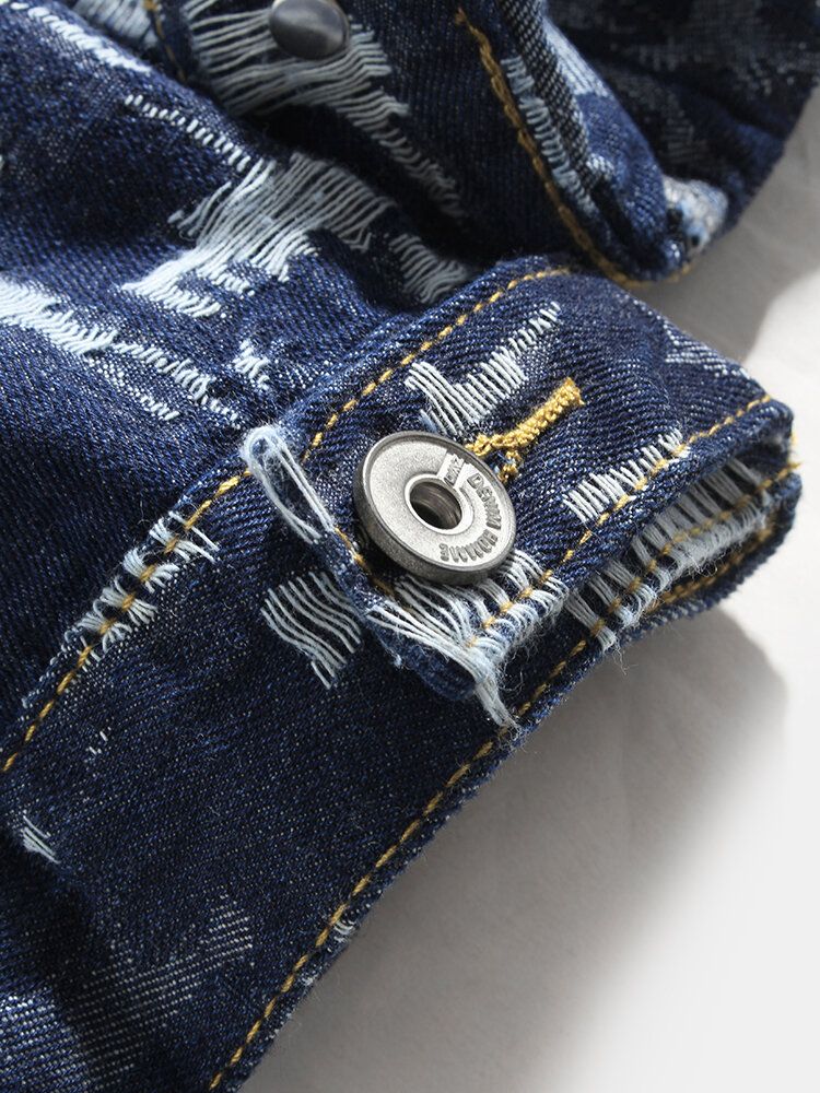 Herr Allover Scratch Ripped Designer Casual Lapel Jeansjacka