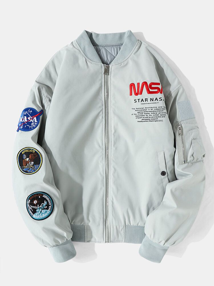 Herr Astronaut Nasa Letter Icon Mönster Basebollkrage Zip-fickor Casual Jackor