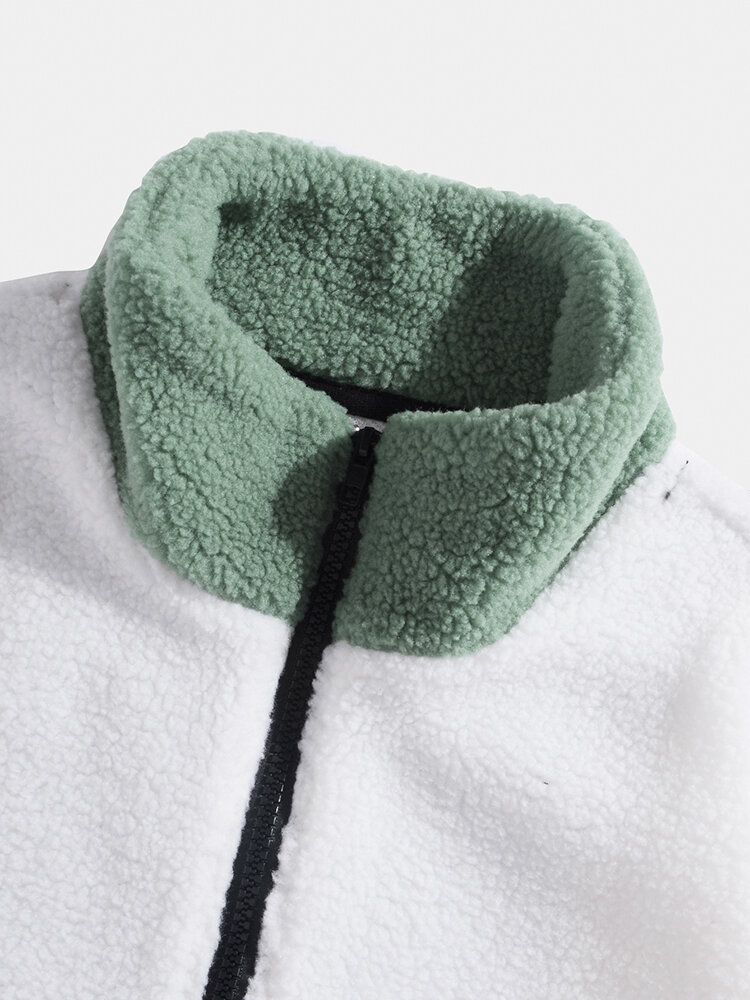 Herr Fleece Patchwork Colorblock Stand Collar Zip Jackor