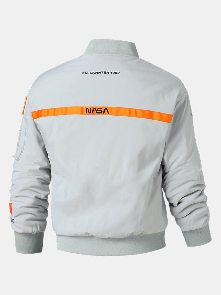 Herrbroderade Nasa Letter Zip Ficka Basebollkrage Fritidsjackor