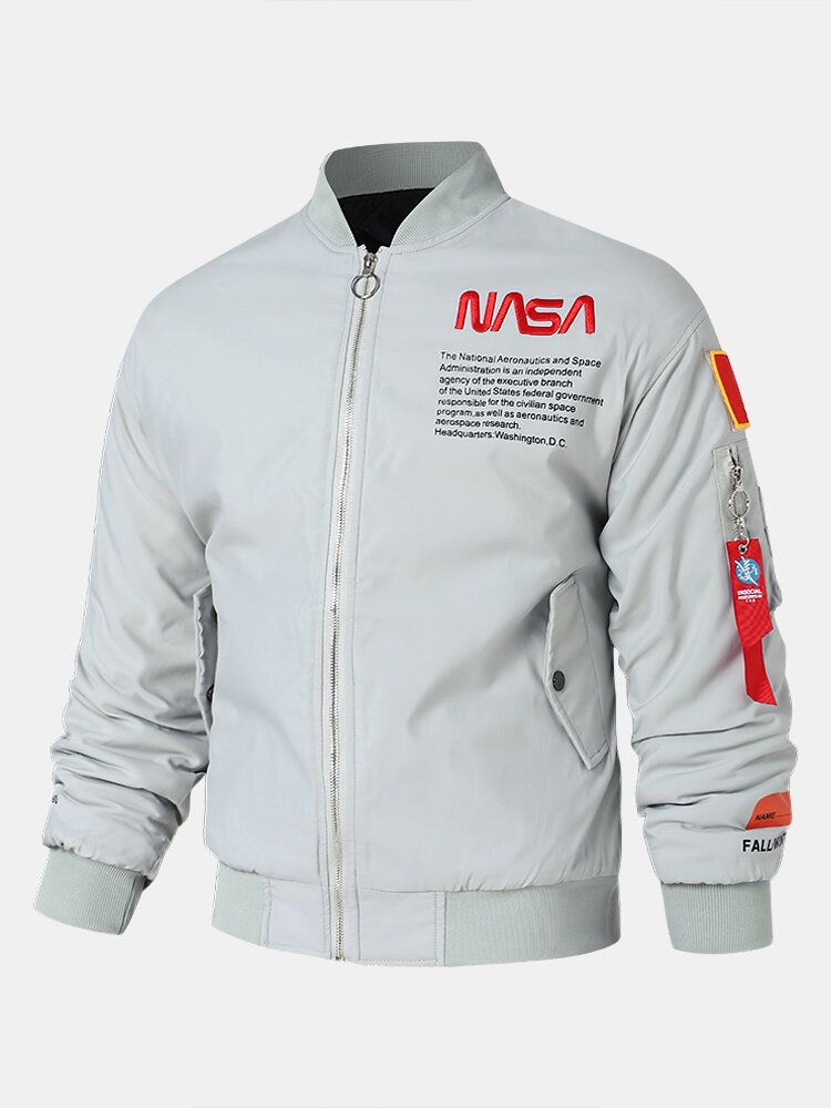 Herrbroderade Nasa Letter Zip Ficka Basebollkrage Fritidsjackor