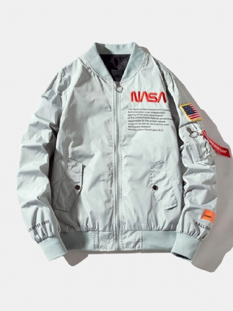 Herrbroderade Nasa Letter Zip Ficka Basebollkrage Fritidsjackor