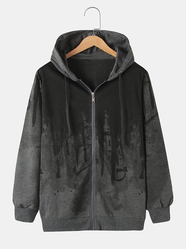 Herrdesign Bläckmönster Dragkedja Hoodiejacka Med Sidficka