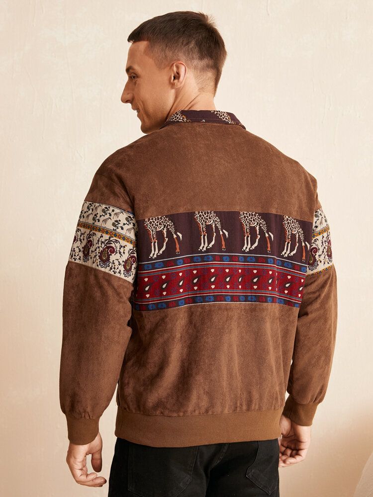 Män Etniskt Djur Paisleytryck Patchwork Zipper Faux Mockajackor