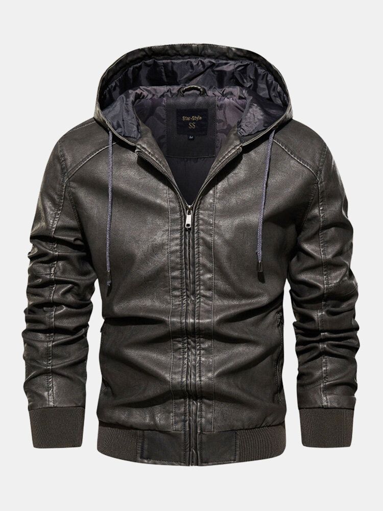 Män Pu Bokstav Elastisk Fåll Dragsko Hooded Zipper Jackor